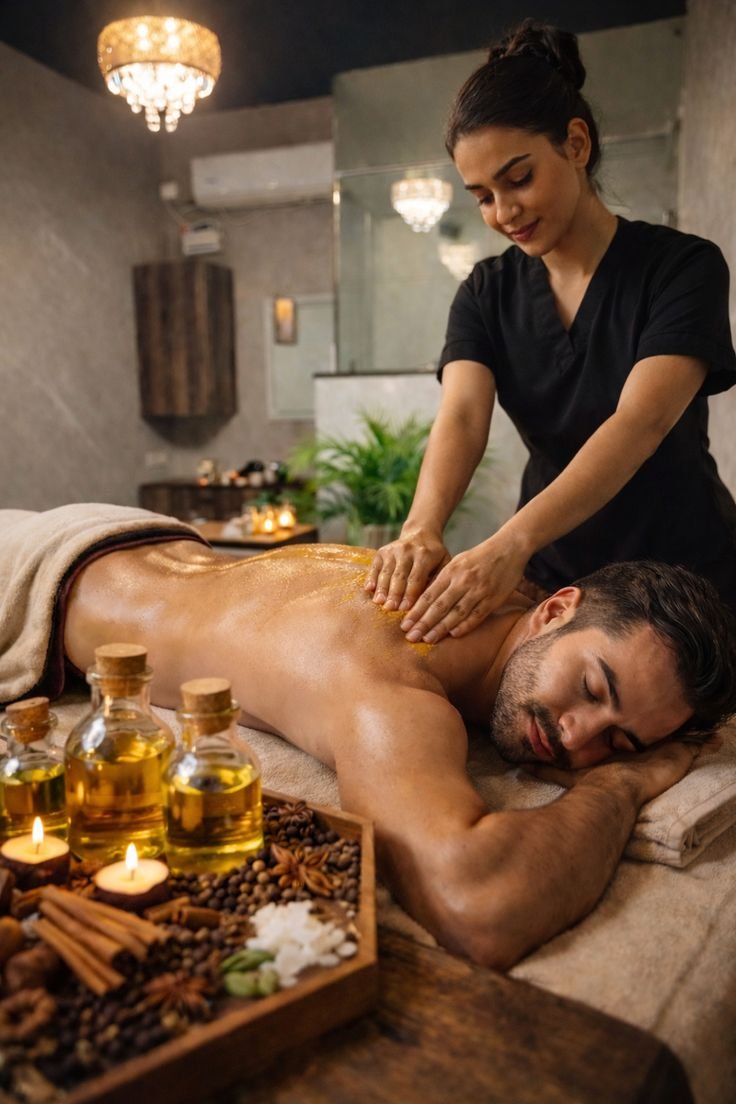 Spa environment with massage oils and towels